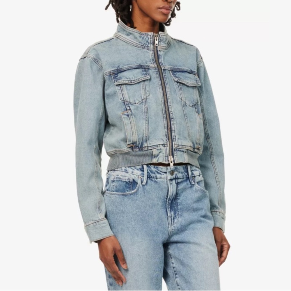 Good American Cropped Ribbed Trims Relaxed Fit Denim Jacket 2XL - Picture 2 of 14